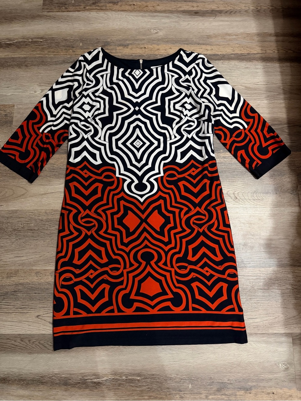 Kenar Black, White & Red Geometric Long Sleeve Shift Dress
